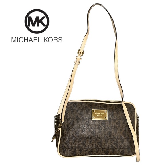 Michael Kors Brown Logo Saffiano Leather‎ Gold Chain Jet Set Crossbody Bag - Picture 1 of 5